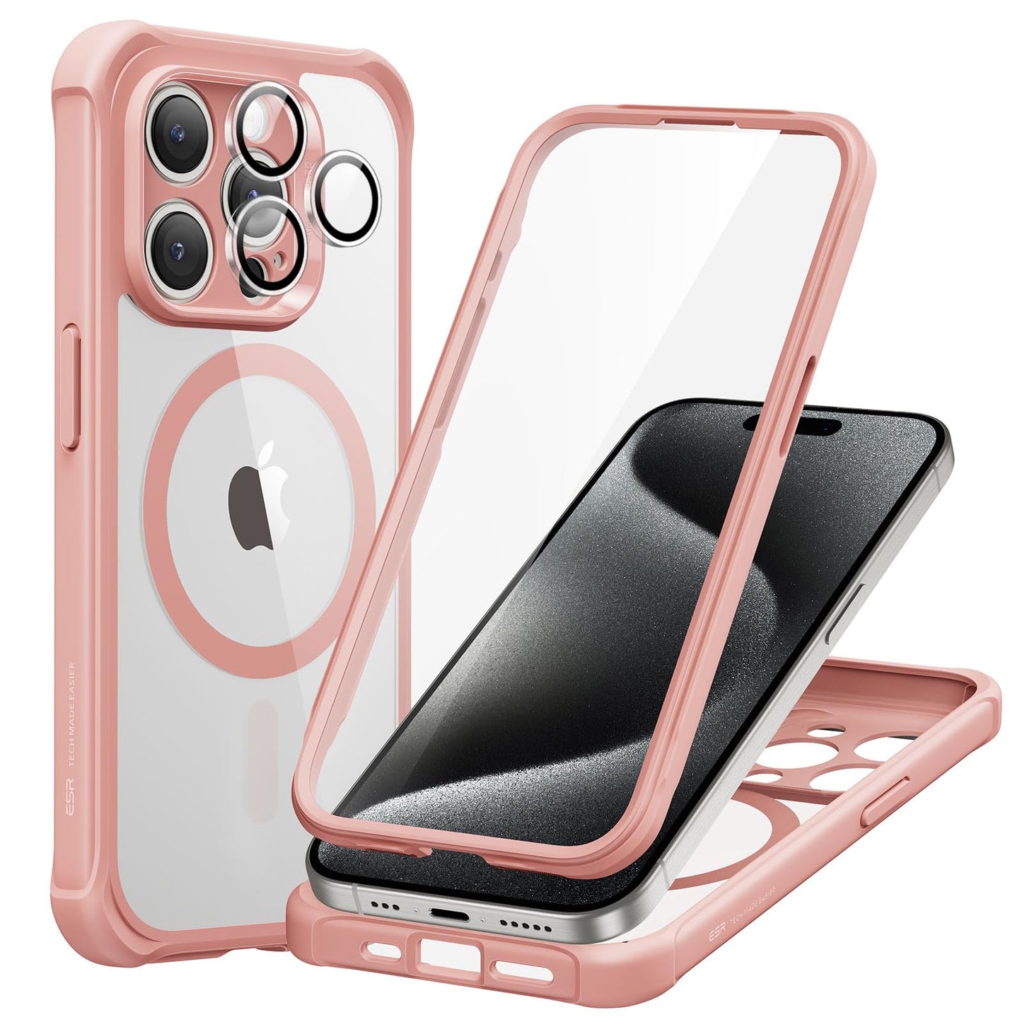 ESR for iPhone 15 Case, Compatible with MagSafe, Full-Body Military-Grade Drop Proof Case with Built-in 9H+ Tempered Glass Screen Protector, Armor Series, Clear Black