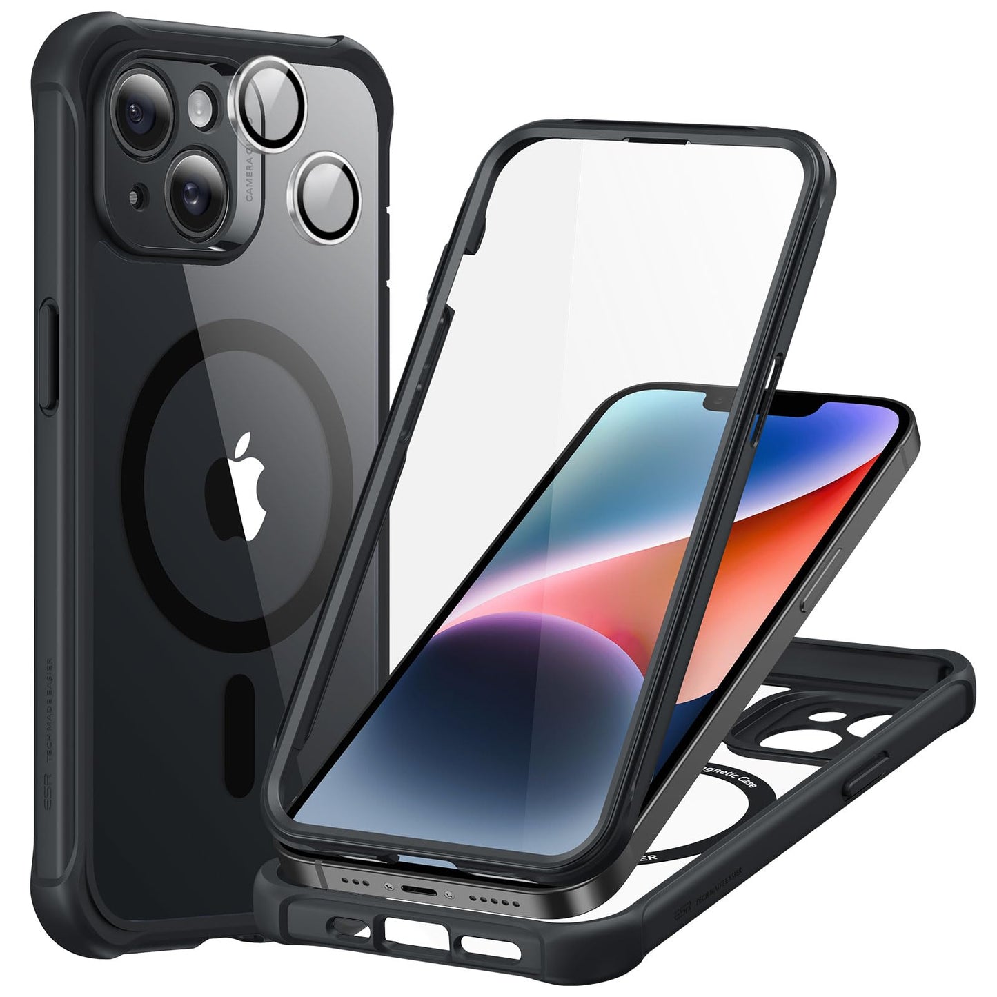 ESR for iPhone 15 Case, Compatible with MagSafe, Full-Body Military-Grade Drop Proof Case with Built-in 9H+ Tempered Glass Screen Protector, Armor Series, Clear Black