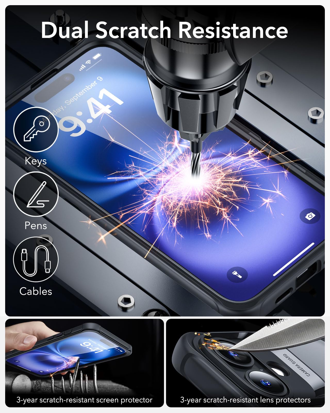 ESR for iPhone 15 Case, Compatible with MagSafe, Full-Body Military-Grade Drop Proof Case with Built-in 9H+ Tempered Glass Screen Protector, Armor Series, Clear Black