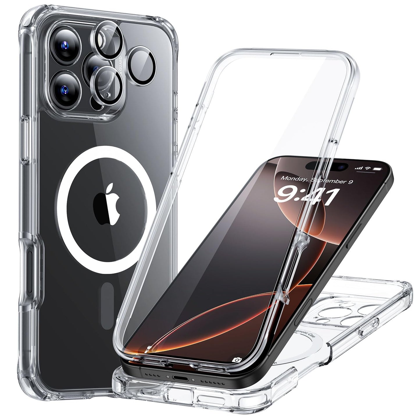 ESR for iPhone 15 Case, Compatible with MagSafe, Full-Body Military-Grade Drop Proof Case with Built-in 9H+ Tempered Glass Screen Protector, Armor Series, Clear Black