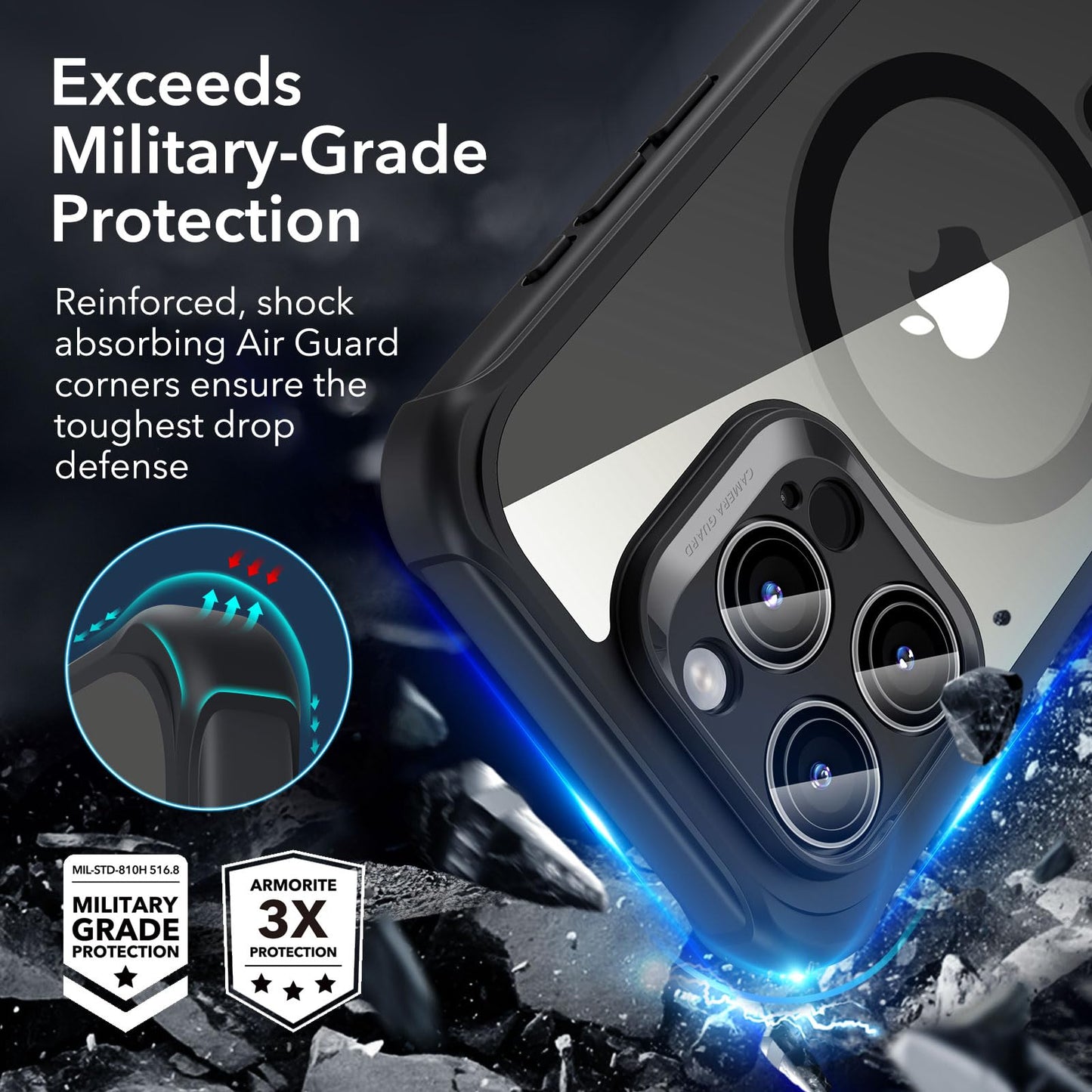 ESR for iPhone 15 Case, Compatible with MagSafe, Full-Body Military-Grade Drop Proof Case with Built-in 9H+ Tempered Glass Screen Protector, Armor Series, Clear Black