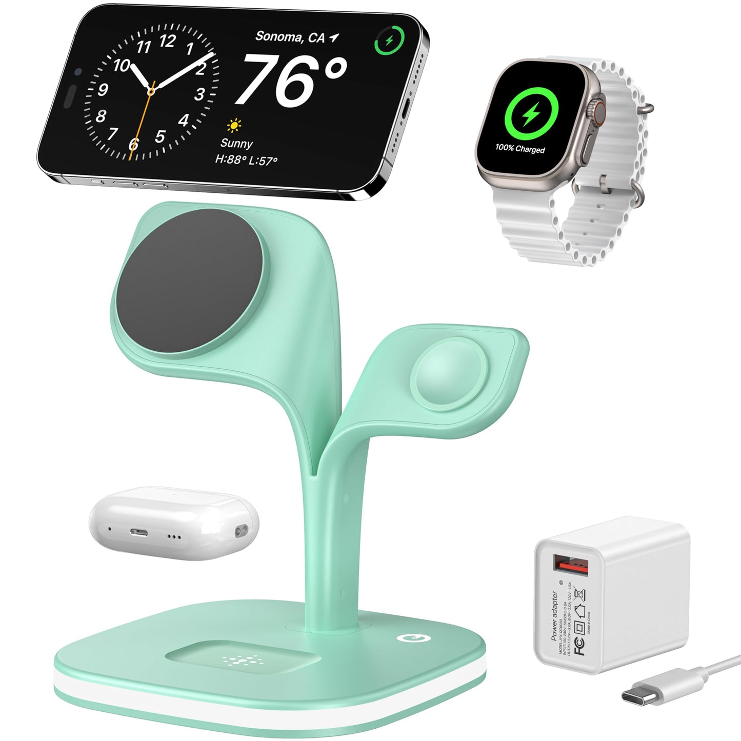 EXW Wireless Charging Station for Magsafe Charger,Charging Station for Multiple Devices,Wireless Charger for iPhone 16/15/14/13/12 Series,Apple Watch Series 1-9,AirPods with LED and Adapter (Black)