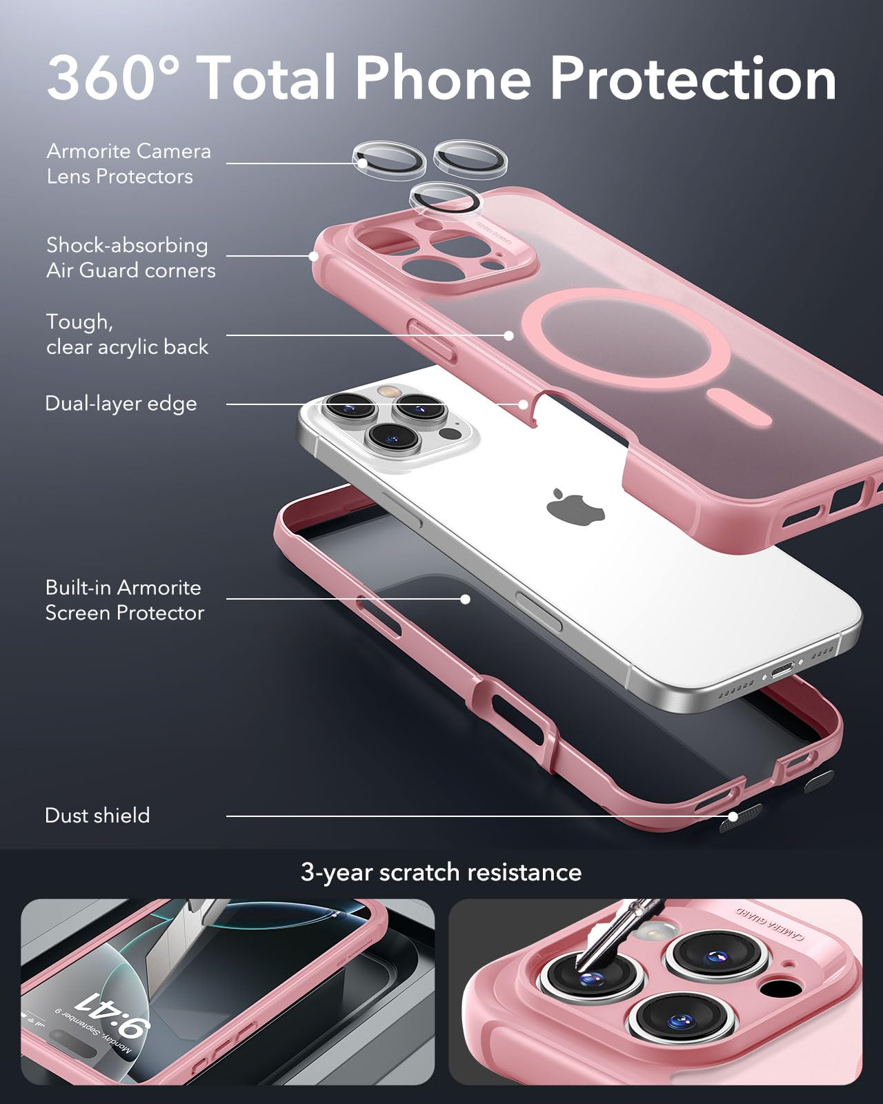 ESR for iPhone 15 Case, Compatible with MagSafe, Full-Body Military-Grade Drop Proof Case with Built-in 9H+ Tempered Glass Screen Protector, Armor Series, Clear Black