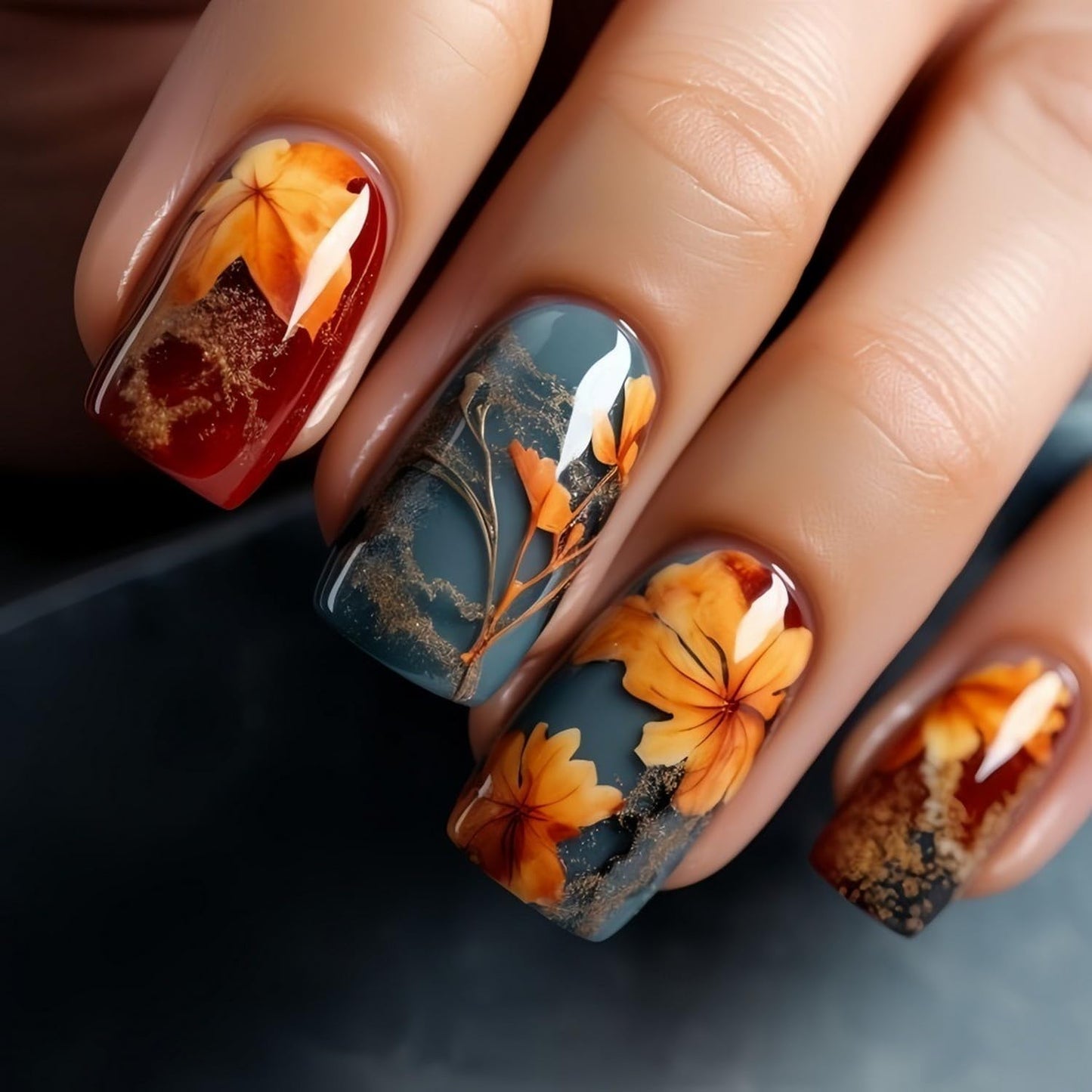 Short Almond Press on Nails Fall Fake Nails Sparkly False Nail with Gold Leaf Designs Autumn Wine Red Glossy Full Cover Acrylic Stick on Nail for Women Nail Art Decor 24 Pcs