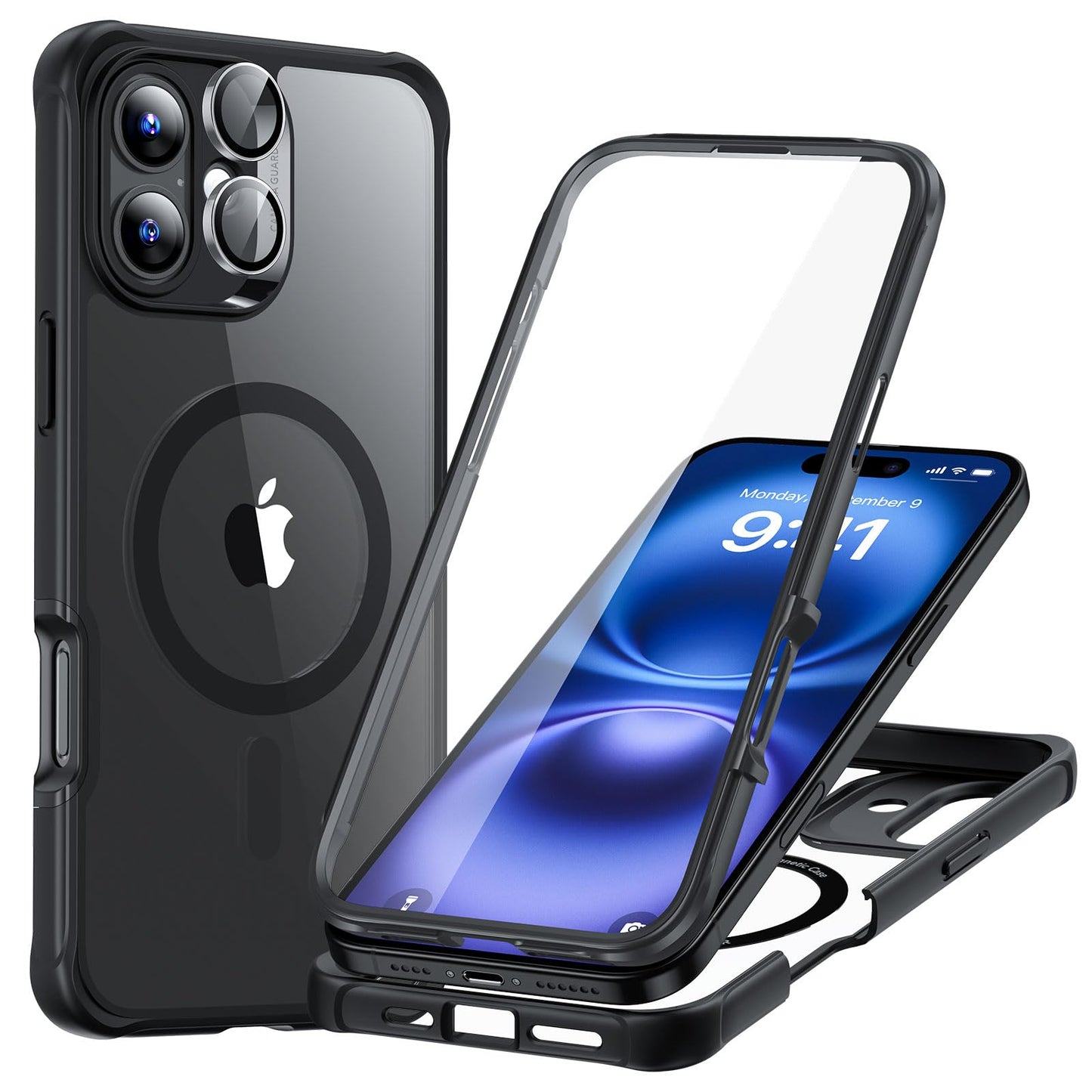ESR for iPhone 15 Case, Compatible with MagSafe, Full-Body Military-Grade Drop Proof Case with Built-in 9H+ Tempered Glass Screen Protector, Armor Series, Clear Black