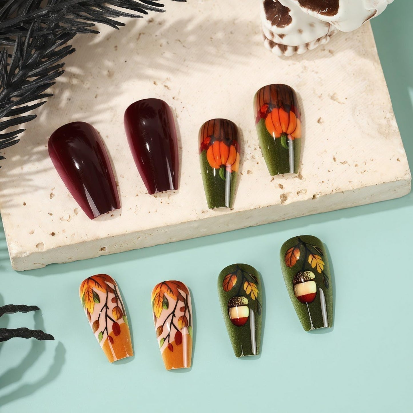 Short Almond Press on Nails Fall Fake Nails Sparkly False Nail with Gold Leaf Designs Autumn Wine Red Glossy Full Cover Acrylic Stick on Nail for Women Nail Art Decor 24 Pcs