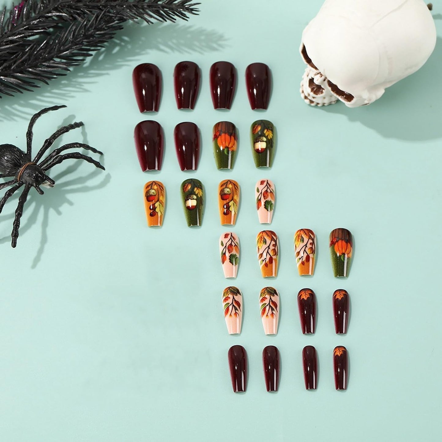 Short Almond Press on Nails Fall Fake Nails Sparkly False Nail with Gold Leaf Designs Autumn Wine Red Glossy Full Cover Acrylic Stick on Nail for Women Nail Art Decor 24 Pcs