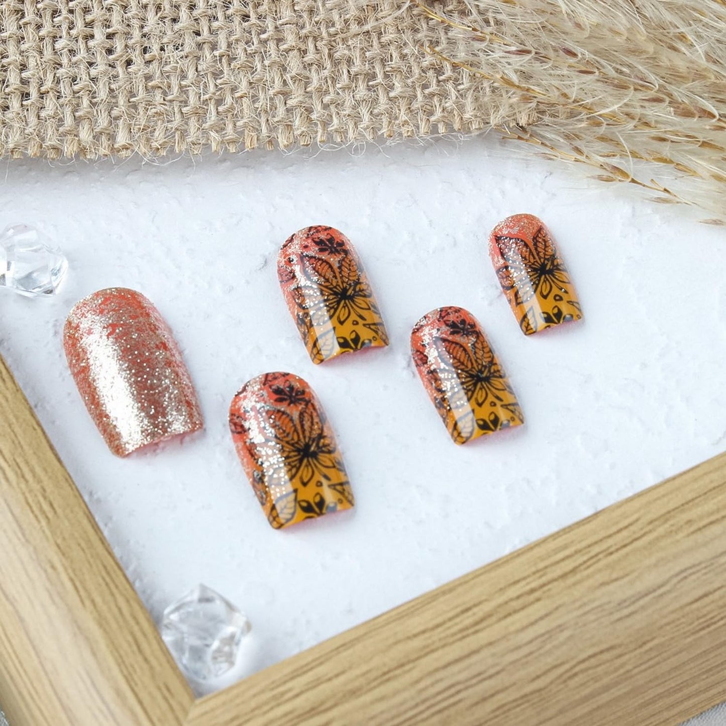 Short Almond Press on Nails Fall Fake Nails Sparkly False Nail with Gold Leaf Designs Autumn Wine Red Glossy Full Cover Acrylic Stick on Nail for Women Nail Art Decor 24 Pcs