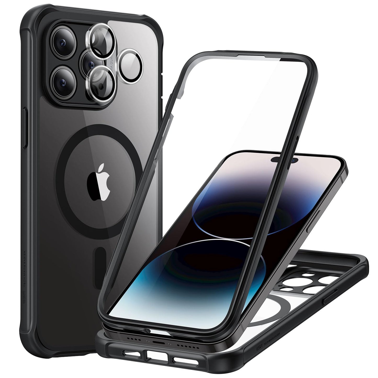 ESR for iPhone 15 Case, Compatible with MagSafe, Full-Body Military-Grade Drop Proof Case with Built-in 9H+ Tempered Glass Screen Protector, Armor Series, Clear Black