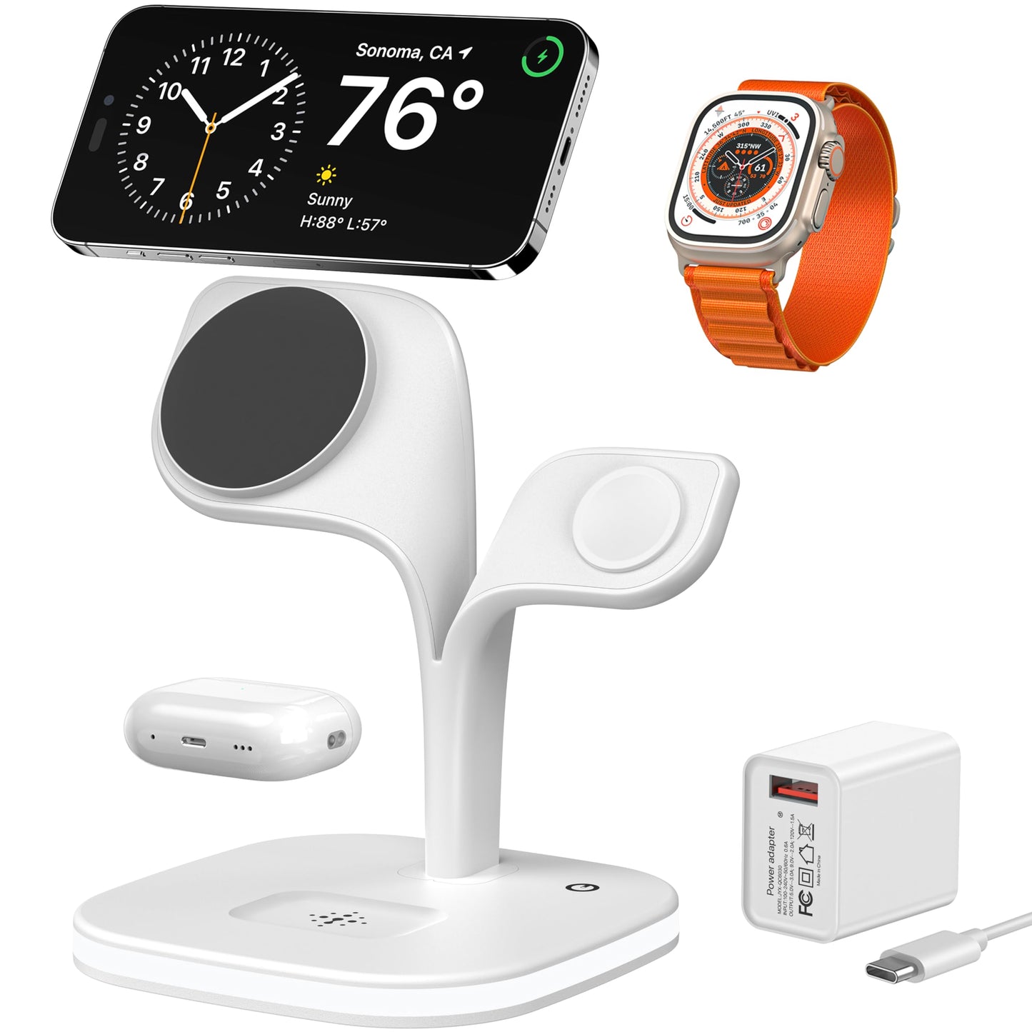 EXW Wireless Charging Station for Magsafe Charger,Charging Station for Multiple Devices,Wireless Charger for iPhone 16/15/14/13/12 Series,Apple Watch Series 1-9,AirPods with LED and Adapter (Black)
