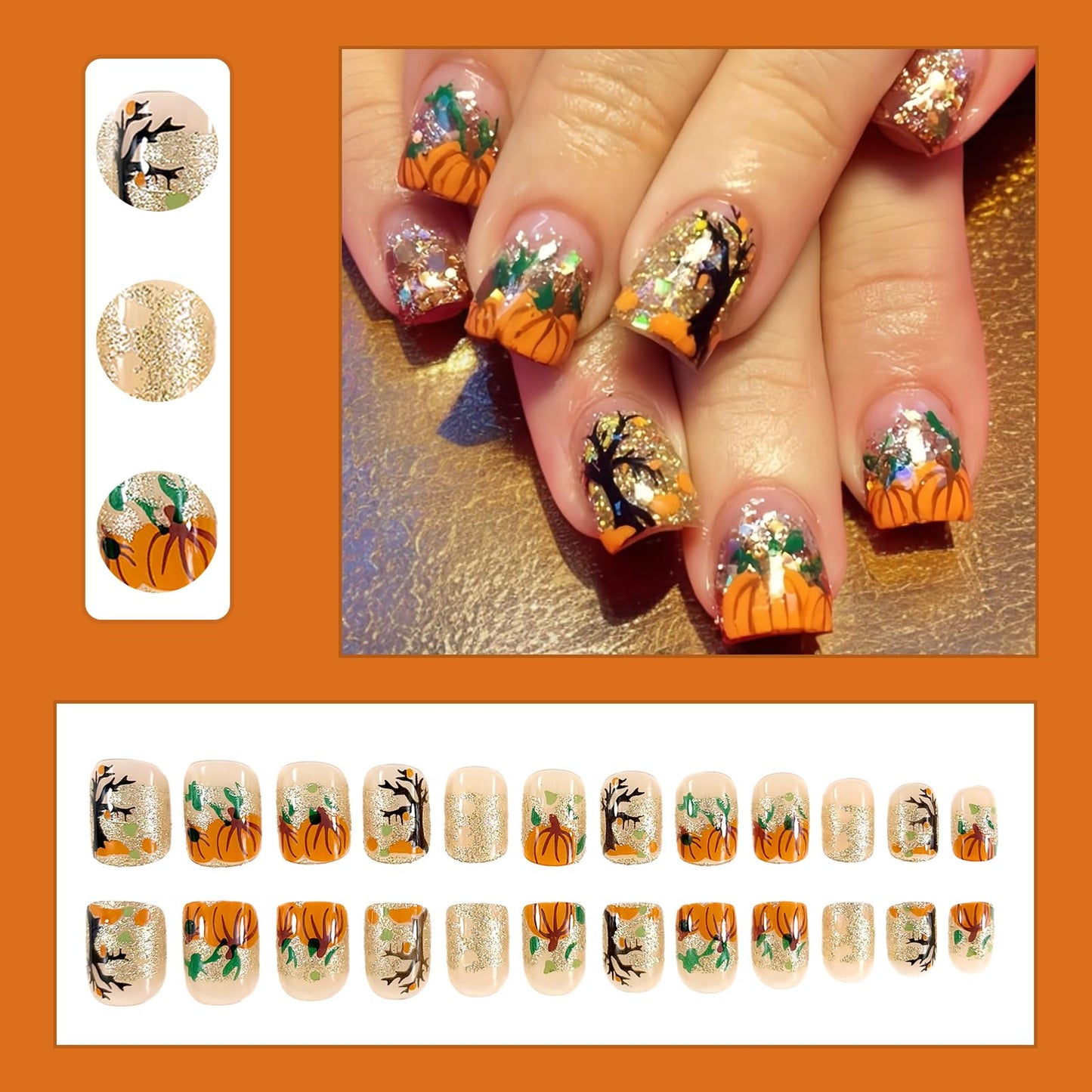 24Pcs Fall Press on Nails Short Square Fake Nails Wine Red and Gold Maple Leaf Glossy Gold Sparkly Acrylic Nails Full Cover Stick on Nails Autumn Thanksgiving Nail Decoration for Nail Art Supplies