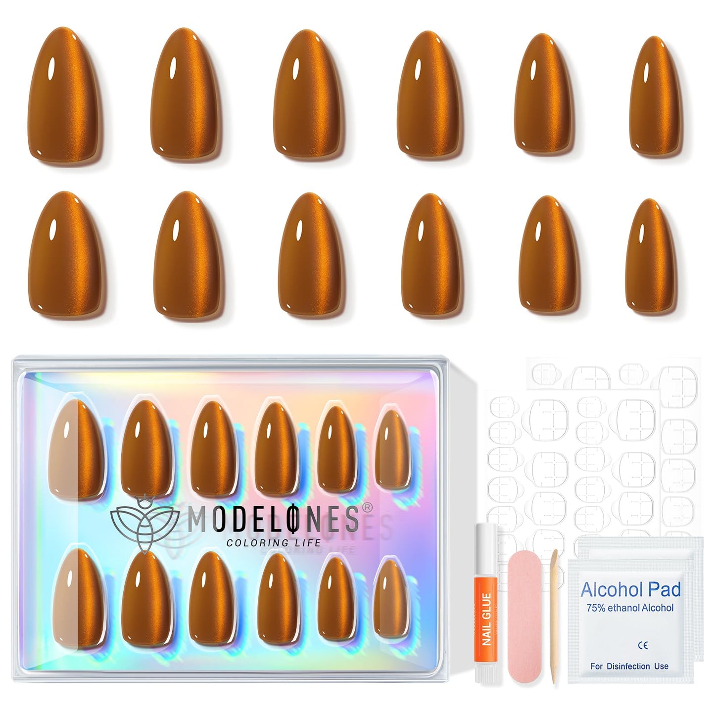Modelones Brown Press on Nails Almond, Fall Short Fake Nails, Reusable Nail Kit with Nail Glue Adhesive Tabs Mini Nail File, Nails Press Ons 32Pcs 16 Sizes, Women Girl Gift, Amber