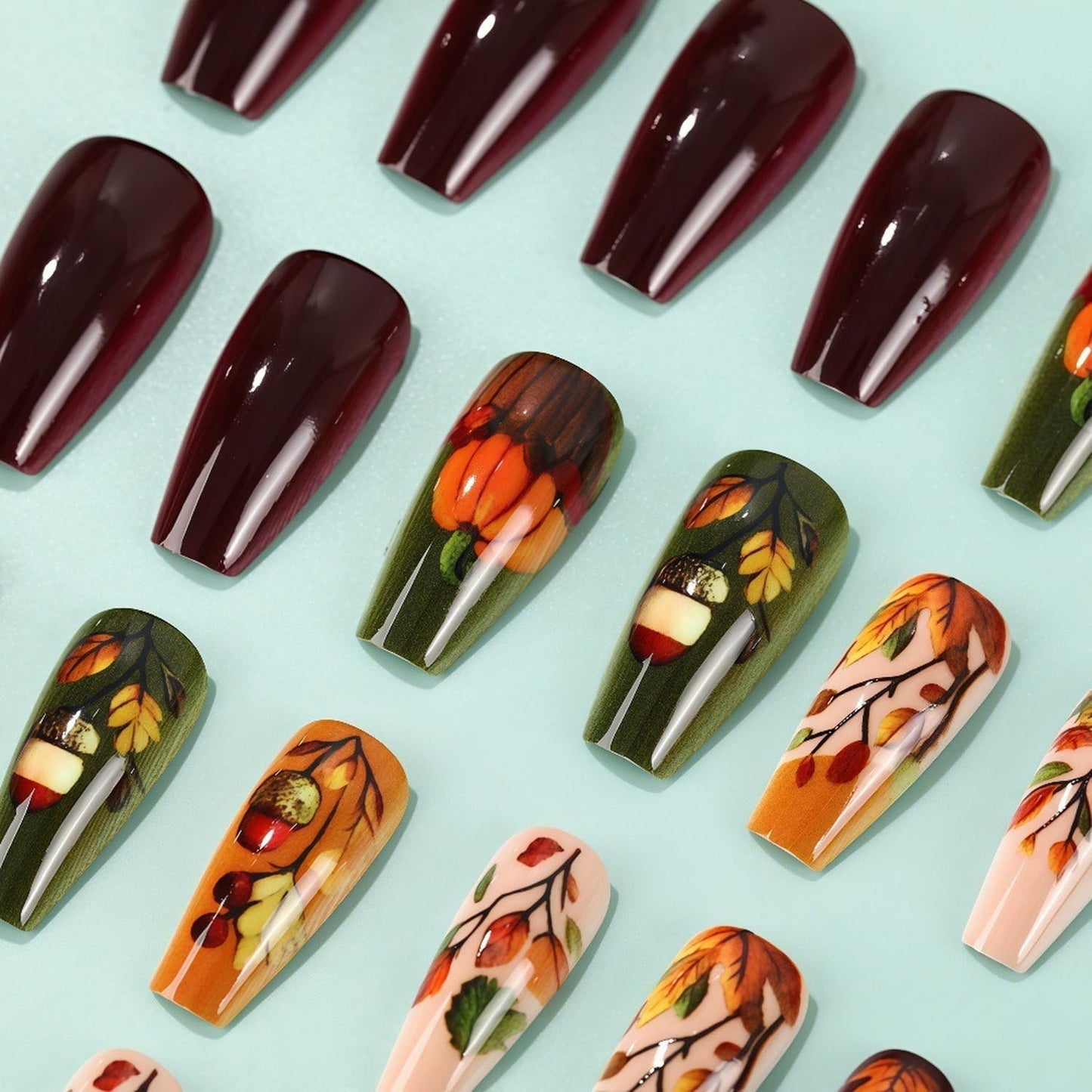 Short Almond Press on Nails Fall Fake Nails Sparkly False Nail with Gold Leaf Designs Autumn Wine Red Glossy Full Cover Acrylic Stick on Nail for Women Nail Art Decor 24 Pcs
