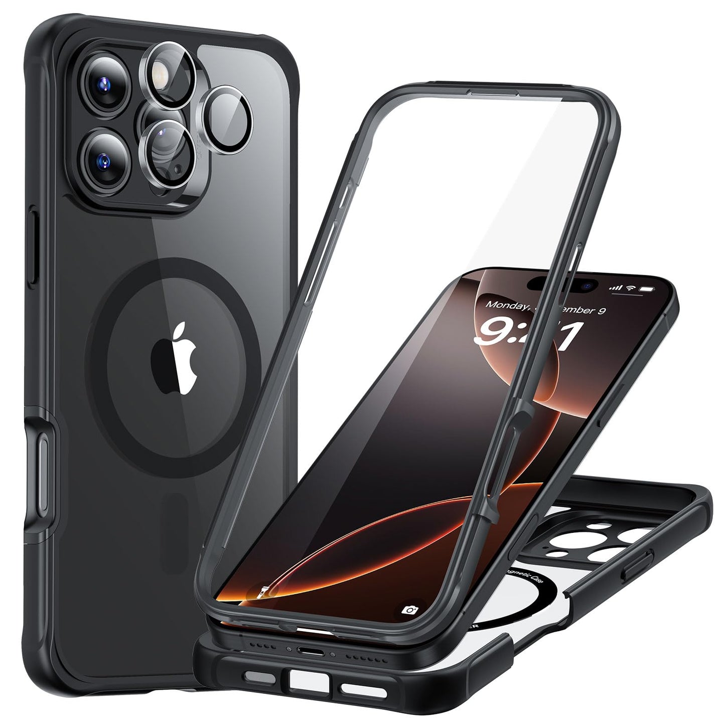ESR for iPhone 15 Case, Compatible with MagSafe, Full-Body Military-Grade Drop Proof Case with Built-in 9H+ Tempered Glass Screen Protector, Armor Series, Clear Black