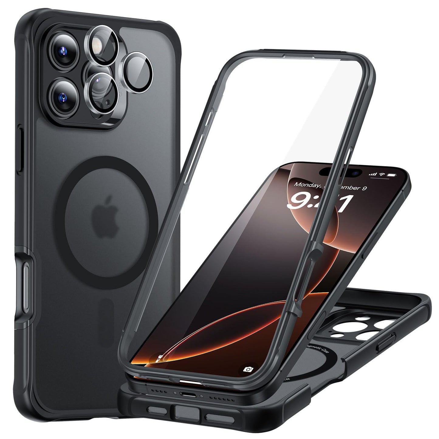ESR for iPhone 15 Case, Compatible with MagSafe, Full-Body Military-Grade Drop Proof Case with Built-in 9H+ Tempered Glass Screen Protector, Armor Series, Clear Black