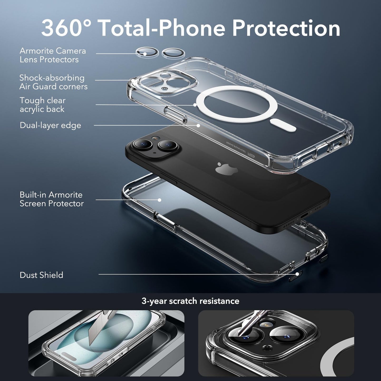 ESR for iPhone 15 Case, Compatible with MagSafe, Full-Body Military-Grade Drop Proof Case with Built-in 9H+ Tempered Glass Screen Protector, Armor Series, Clear Black