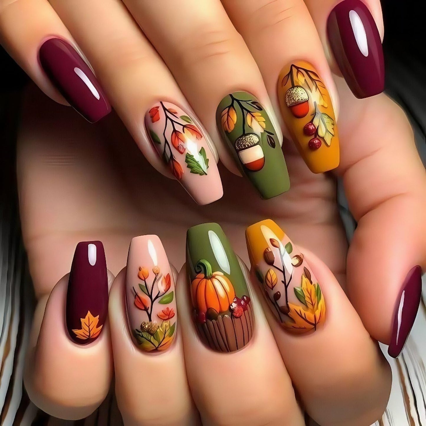 Short Almond Press on Nails Fall Fake Nails Sparkly False Nail with Gold Leaf Designs Autumn Wine Red Glossy Full Cover Acrylic Stick on Nail for Women Nail Art Decor 24 Pcs