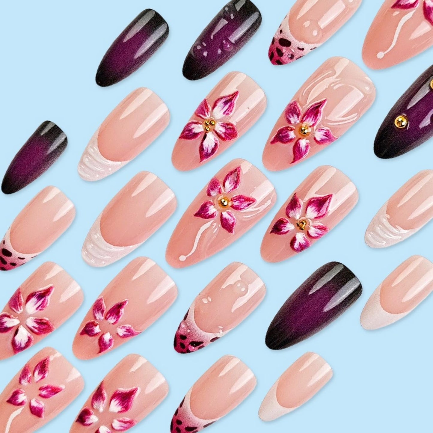 Short Almond Press on Nails Fall Fake Nails Sparkly False Nail with Gold Leaf Designs Autumn Wine Red Glossy Full Cover Acrylic Stick on Nail for Women Nail Art Decor 24 Pcs