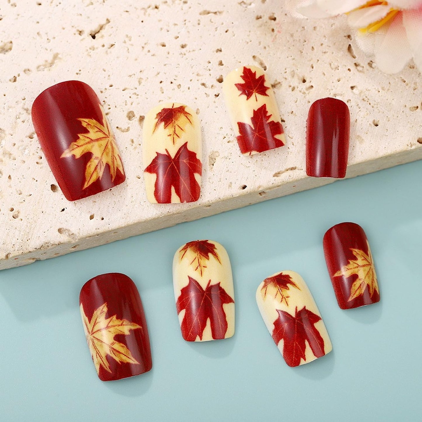 Short Almond Press on Nails Fall Fake Nails Sparkly False Nail with Gold Leaf Designs Autumn Wine Red Glossy Full Cover Acrylic Stick on Nail for Women Nail Art Decor 24 Pcs