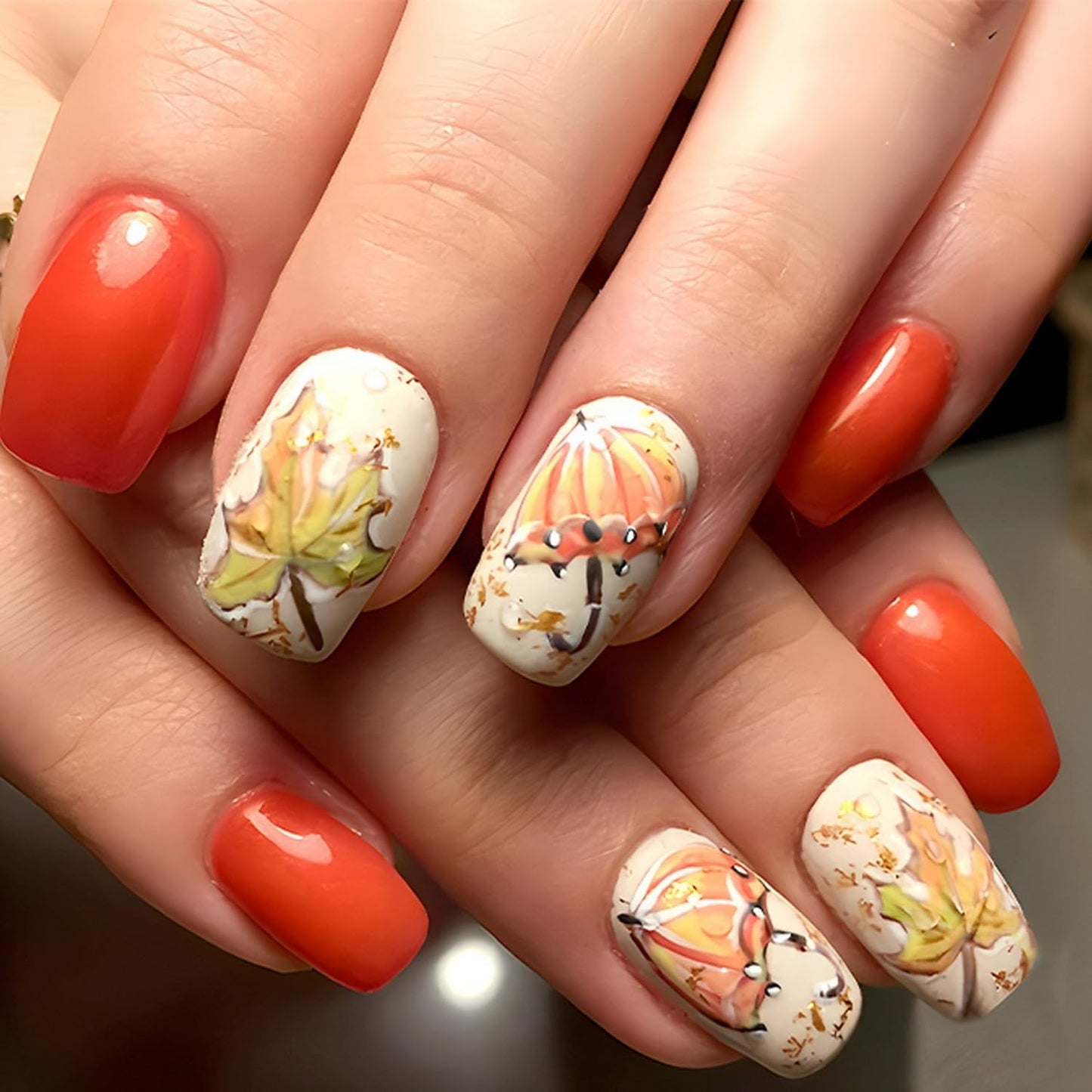 Short Almond Press on Nails Fall Fake Nails Sparkly False Nail with Gold Leaf Designs Autumn Wine Red Glossy Full Cover Acrylic Stick on Nail for Women Nail Art Decor 24 Pcs