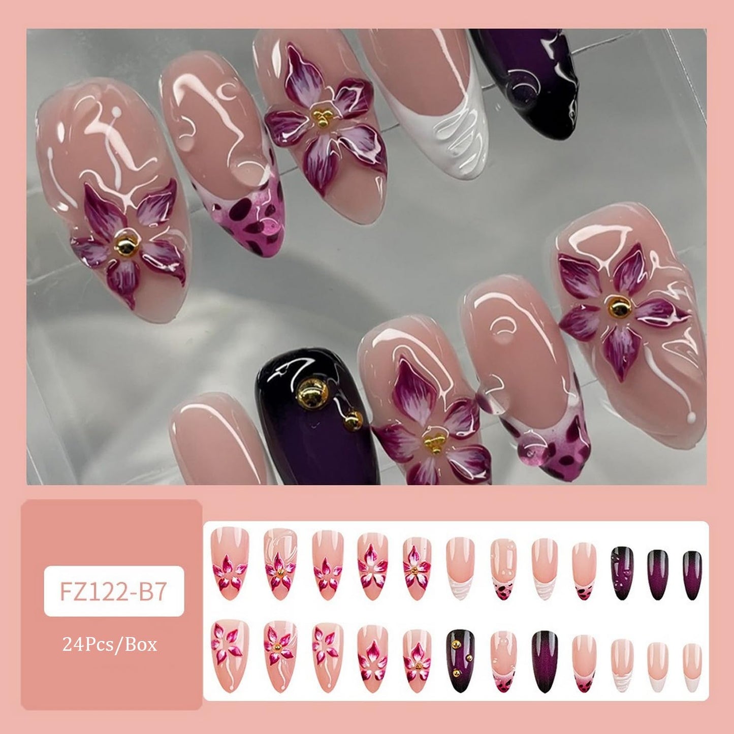 Short Almond Press on Nails Fall Fake Nails Sparkly False Nail with Gold Leaf Designs Autumn Wine Red Glossy Full Cover Acrylic Stick on Nail for Women Nail Art Decor 24 Pcs