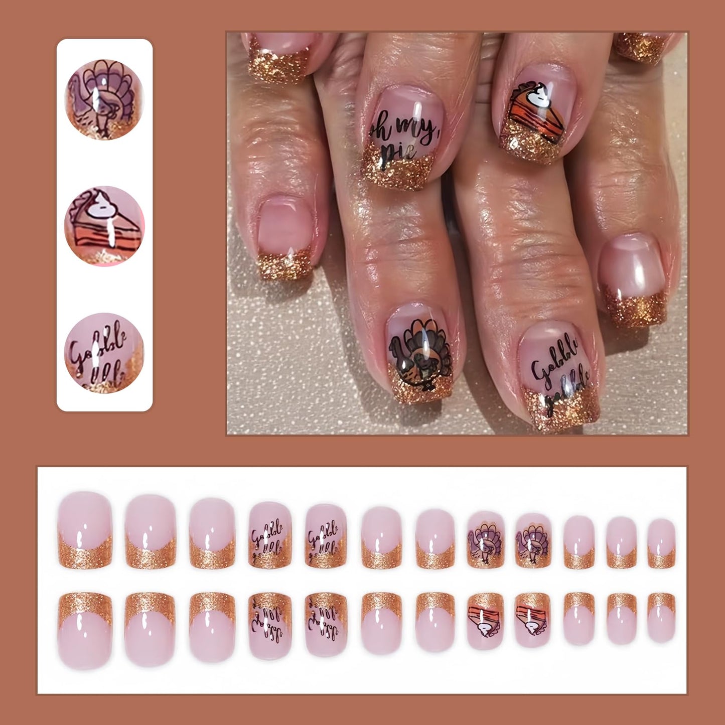 24Pcs Fall Press on Nails Short Square Fake Nails Wine Red and Gold Maple Leaf Glossy Gold Sparkly Acrylic Nails Full Cover Stick on Nails Autumn Thanksgiving Nail Decoration for Nail Art Supplies