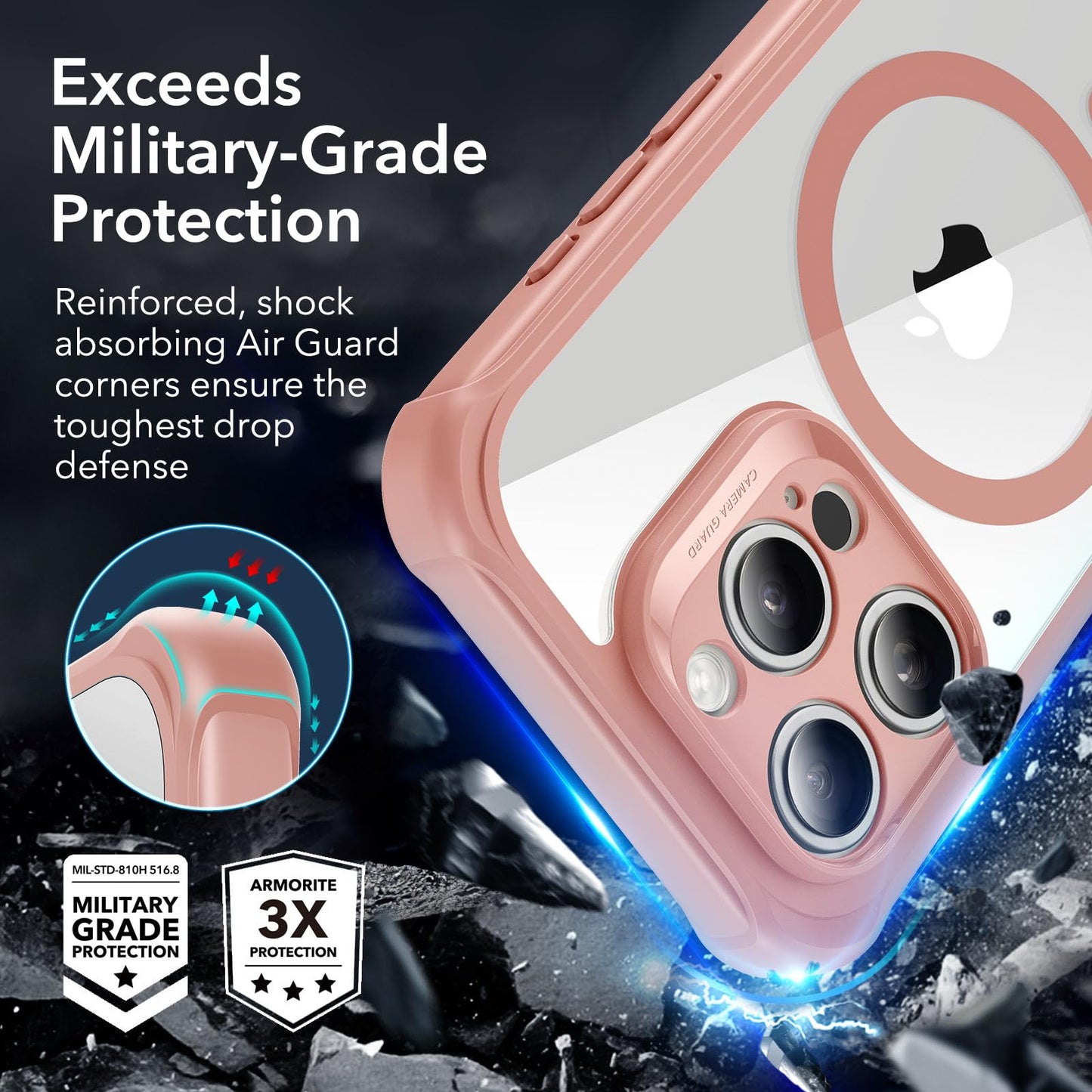 ESR for iPhone 15 Case, Compatible with MagSafe, Full-Body Military-Grade Drop Proof Case with Built-in 9H+ Tempered Glass Screen Protector, Armor Series, Clear Black