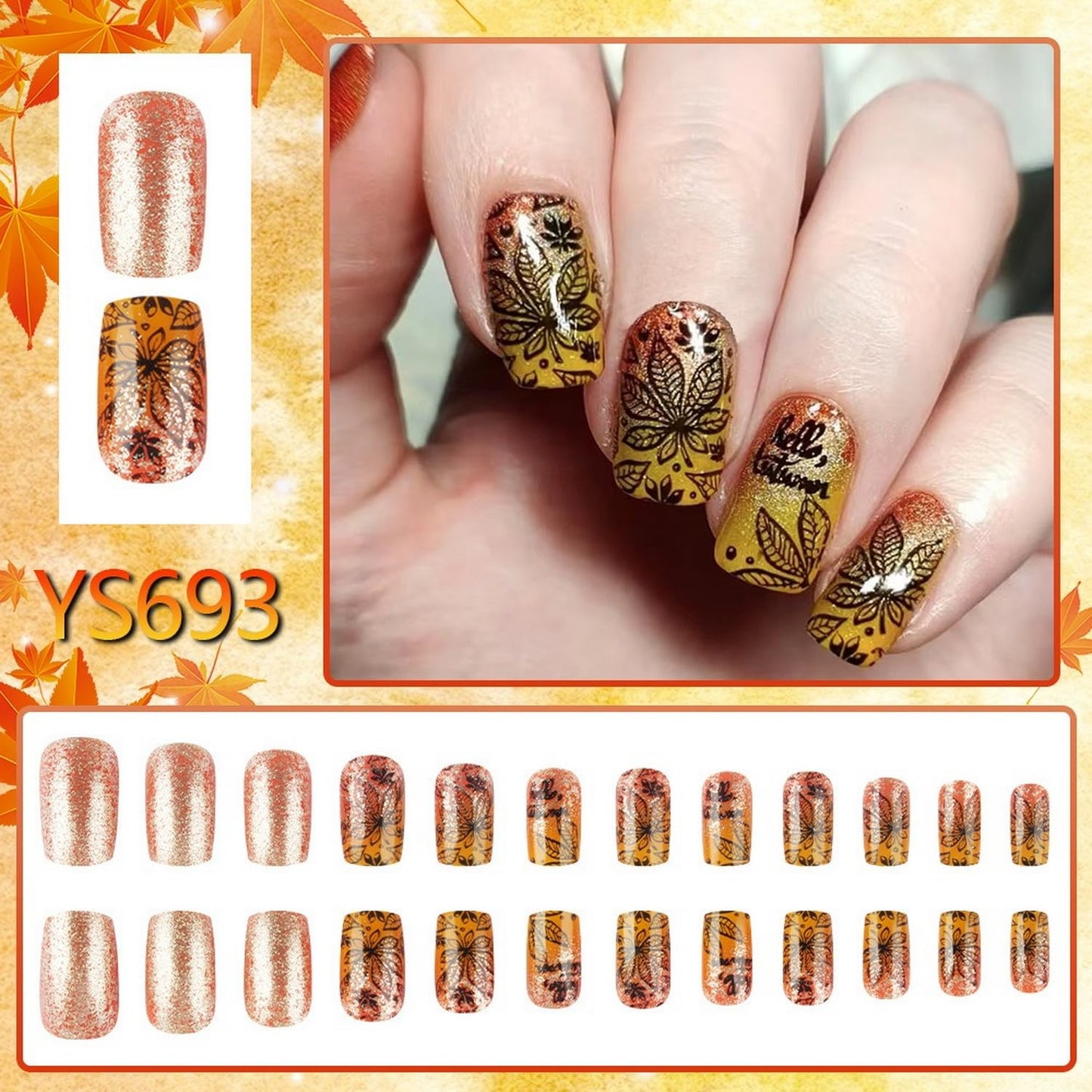 Short Almond Press on Nails Fall Fake Nails Sparkly False Nail with Gold Leaf Designs Autumn Wine Red Glossy Full Cover Acrylic Stick on Nail for Women Nail Art Decor 24 Pcs