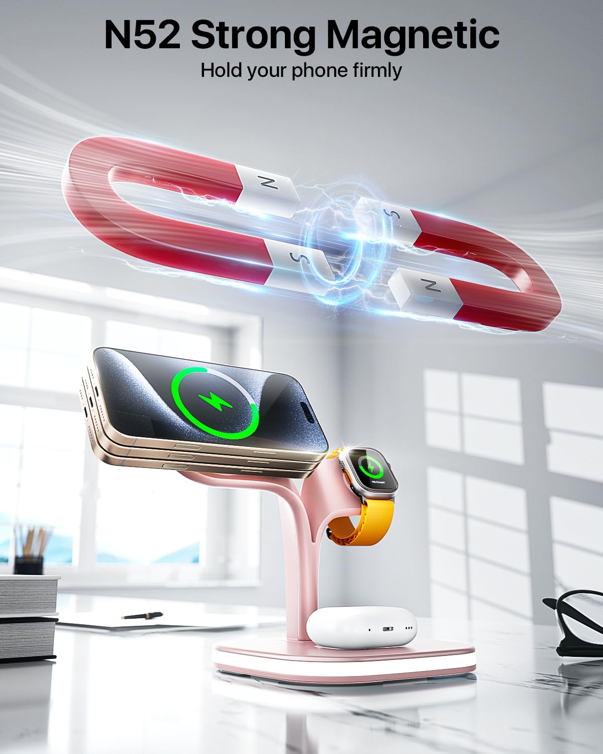 EXW Wireless Charging Station for Magsafe Charger,Charging Station for Multiple Devices,Wireless Charger for iPhone 16/15/14/13/12 Series,Apple Watch Series 1-9,AirPods with LED and Adapter (Black)
