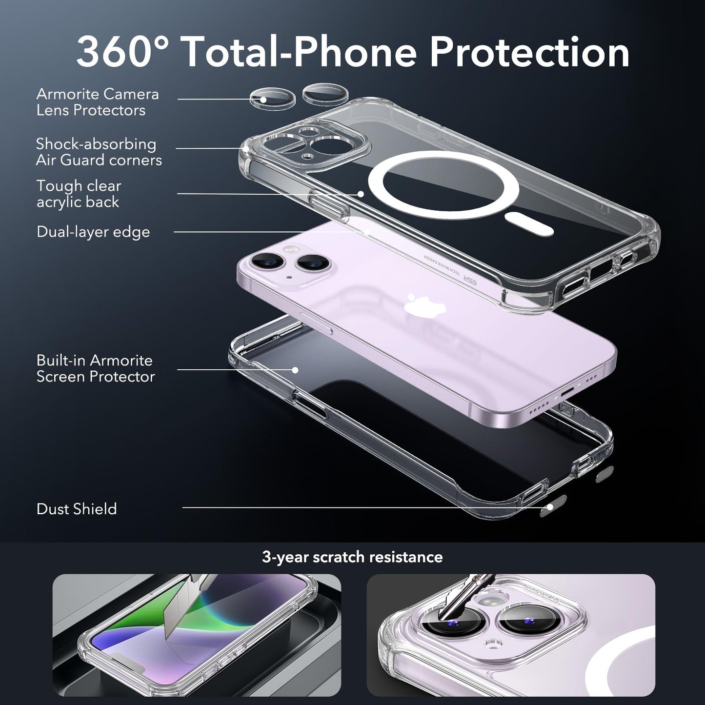 ESR for iPhone 15 Case, Compatible with MagSafe, Full-Body Military-Grade Drop Proof Case with Built-in 9H+ Tempered Glass Screen Protector, Armor Series, Clear Black
