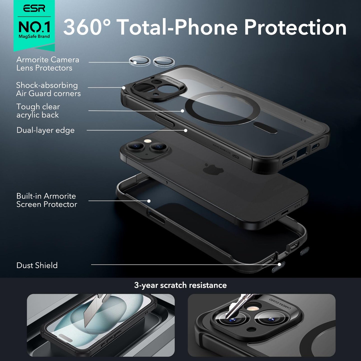 ESR for iPhone 15 Case, Compatible with MagSafe, Full-Body Military-Grade Drop Proof Case with Built-in 9H+ Tempered Glass Screen Protector, Armor Series, Clear Black
