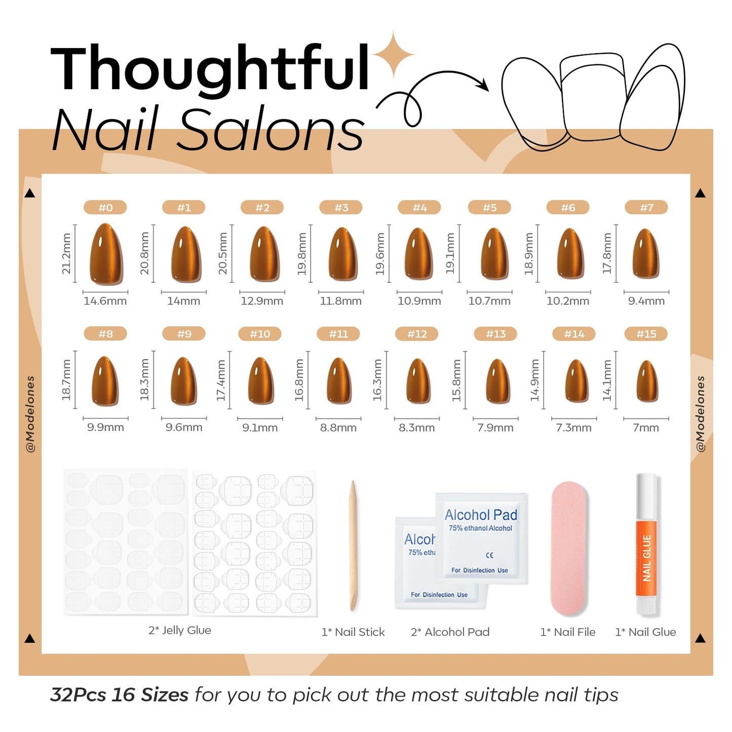 Modelones Brown Press on Nails Almond, Fall Short Fake Nails, Reusable Nail Kit with Nail Glue Adhesive Tabs Mini Nail File, Nails Press Ons 32Pcs 16 Sizes, Women Girl Gift, Amber