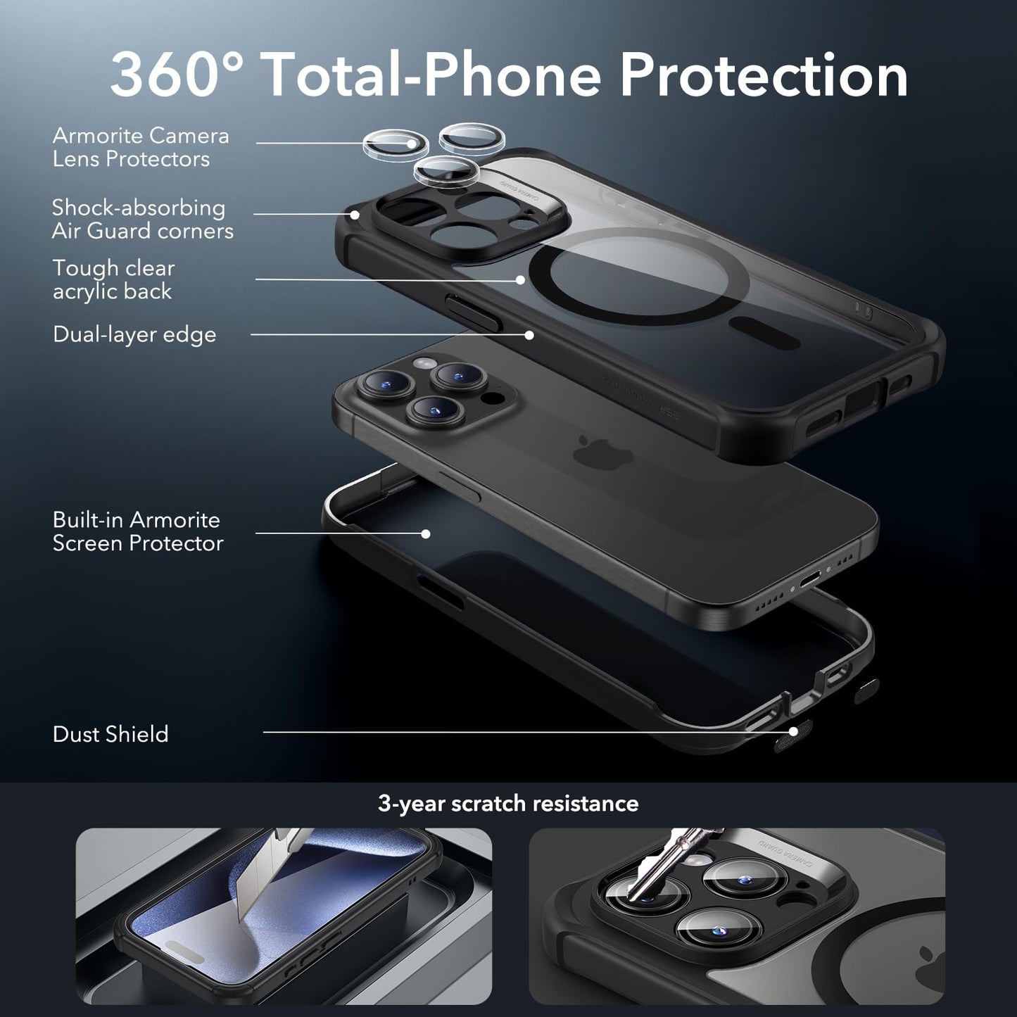 ESR for iPhone 15 Case, Compatible with MagSafe, Full-Body Military-Grade Drop Proof Case with Built-in 9H+ Tempered Glass Screen Protector, Armor Series, Clear Black