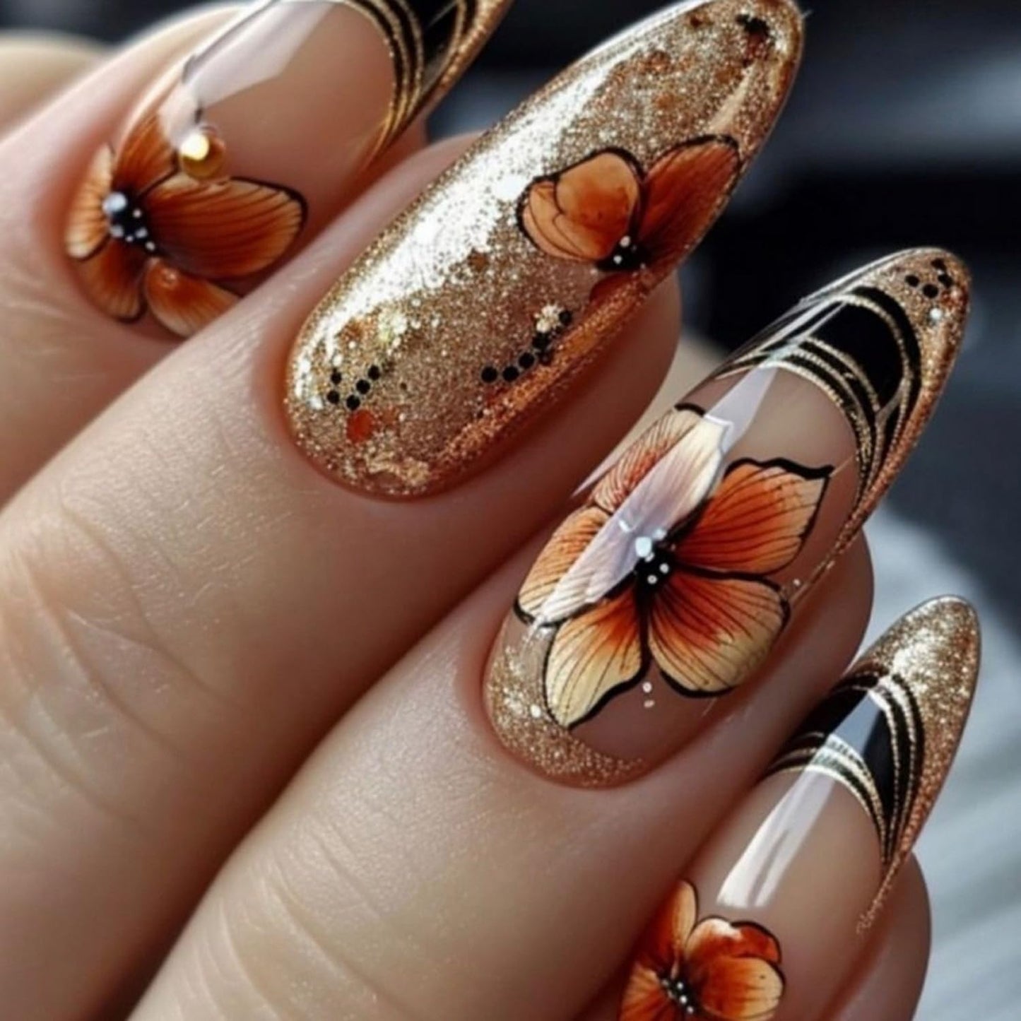 Short Almond Press on Nails Fall Fake Nails Sparkly False Nail with Gold Leaf Designs Autumn Wine Red Glossy Full Cover Acrylic Stick on Nail for Women Nail Art Decor 24 Pcs