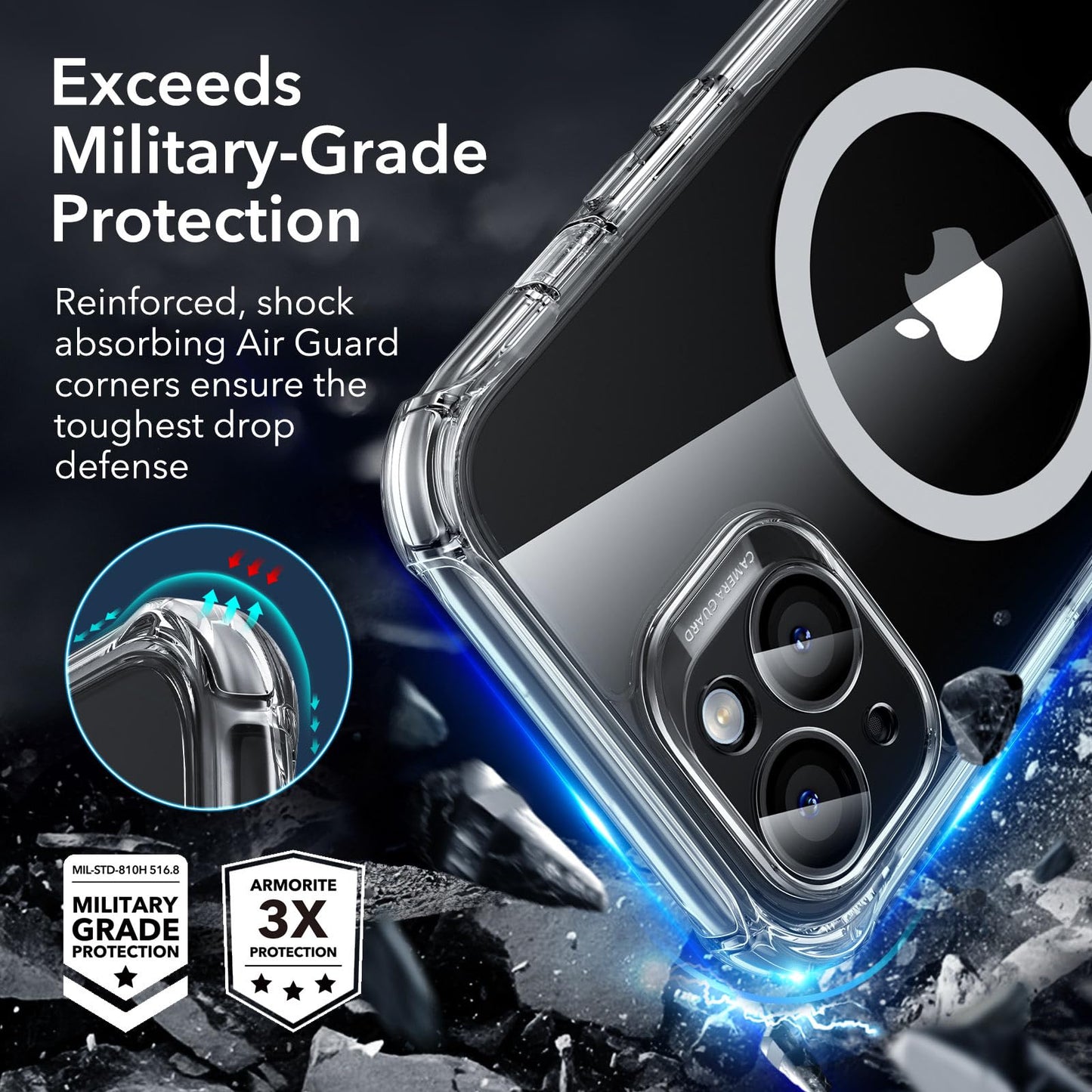 ESR for iPhone 15 Case, Compatible with MagSafe, Full-Body Military-Grade Drop Proof Case with Built-in 9H+ Tempered Glass Screen Protector, Armor Series, Clear Black