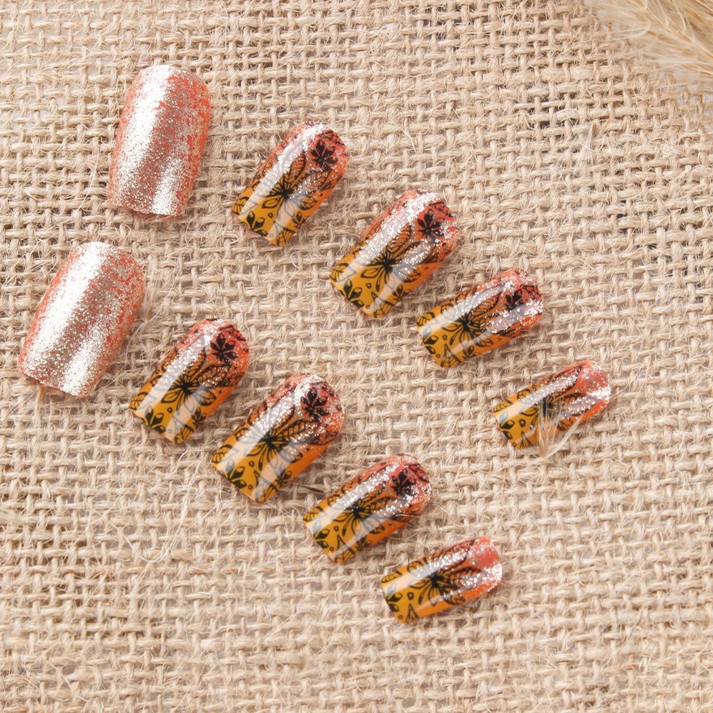 Short Almond Press on Nails Fall Fake Nails Sparkly False Nail with Gold Leaf Designs Autumn Wine Red Glossy Full Cover Acrylic Stick on Nail for Women Nail Art Decor 24 Pcs