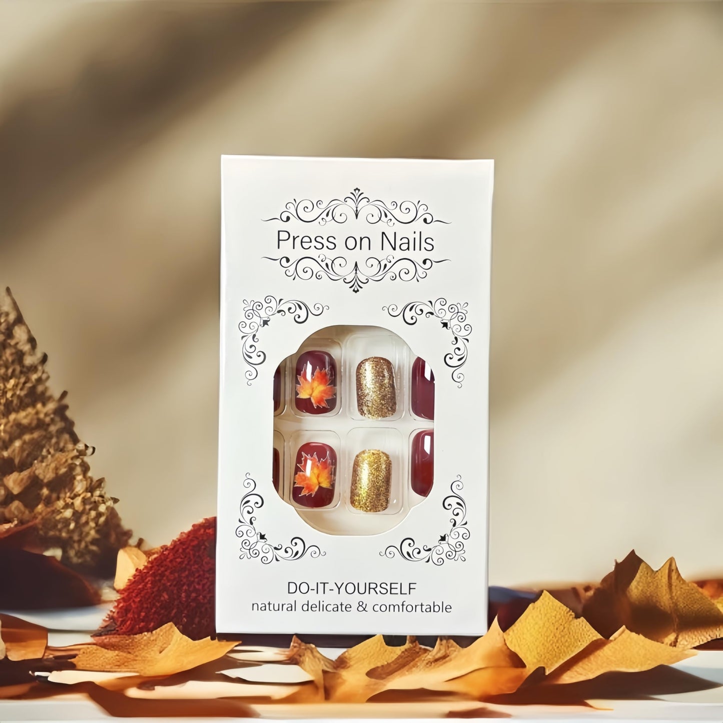 24Pcs Fall Press on Nails Short Square Fake Nails Wine Red and Gold Maple Leaf Glossy Gold Sparkly Acrylic Nails Full Cover Stick on Nails Autumn Thanksgiving Nail Decoration for Nail Art Supplies