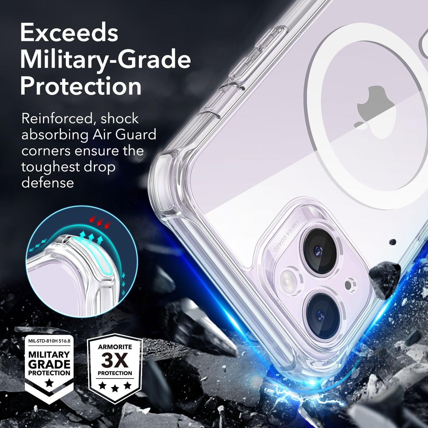 ESR for iPhone 15 Case, Compatible with MagSafe, Full-Body Military-Grade Drop Proof Case with Built-in 9H+ Tempered Glass Screen Protector, Armor Series, Clear Black