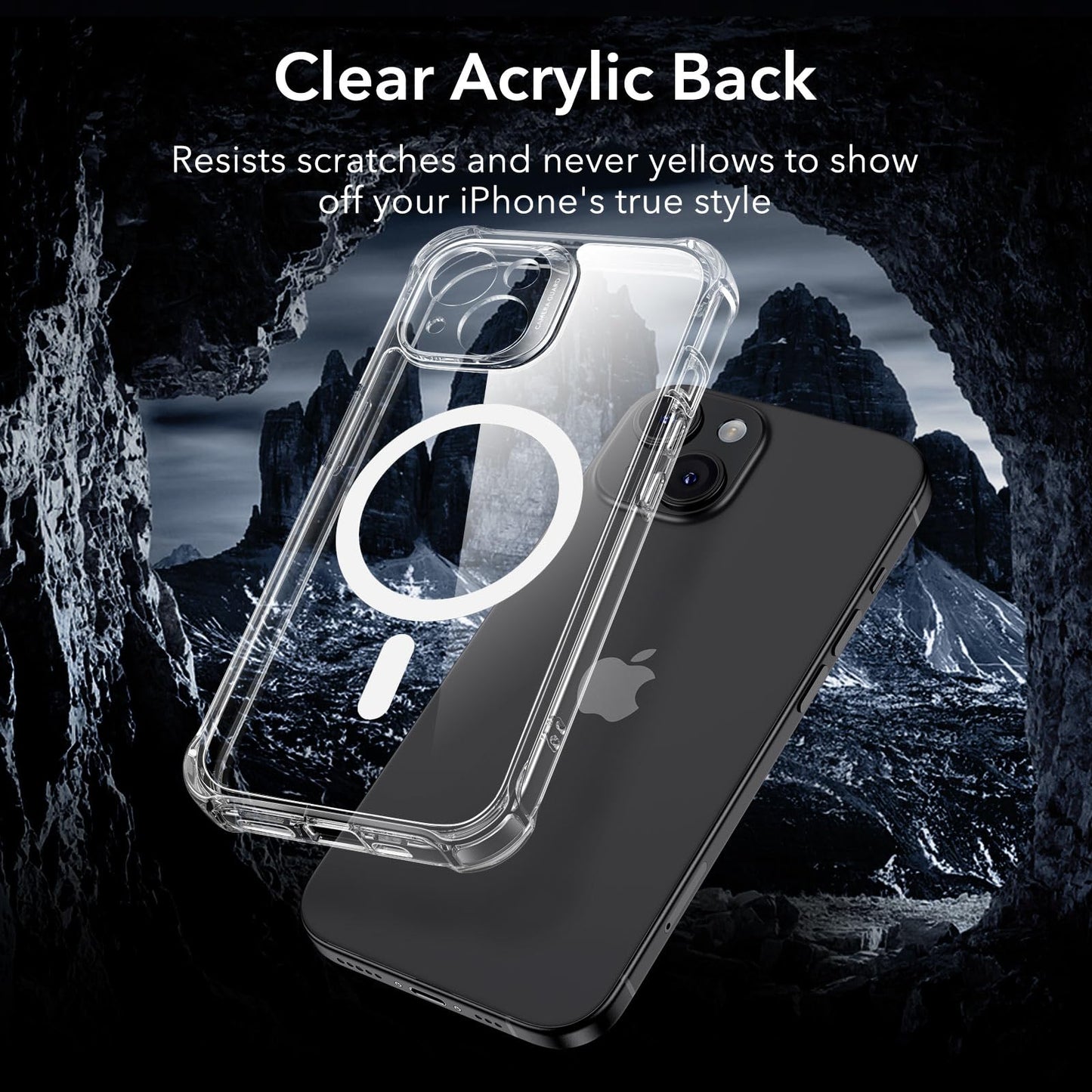 ESR for iPhone 15 Case, Compatible with MagSafe, Full-Body Military-Grade Drop Proof Case with Built-in 9H+ Tempered Glass Screen Protector, Armor Series, Clear Black