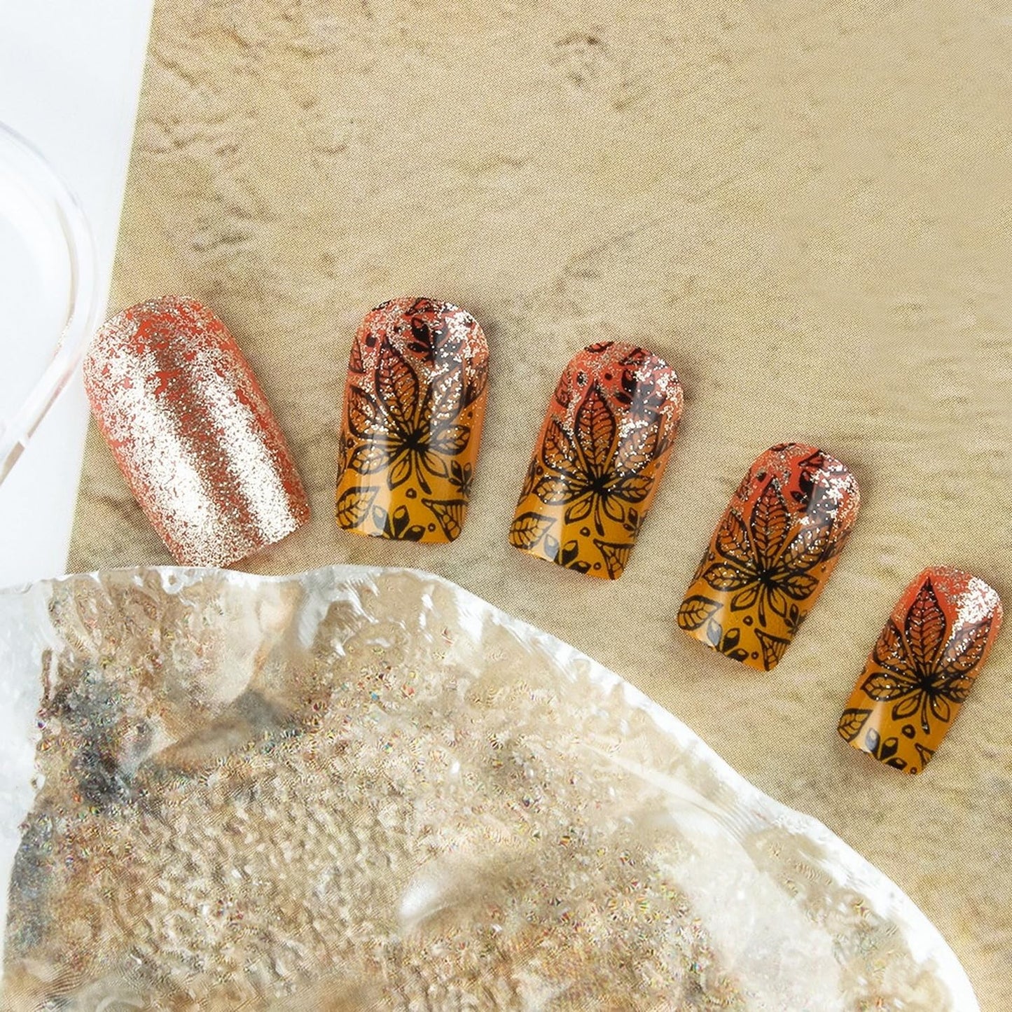 Short Almond Press on Nails Fall Fake Nails Sparkly False Nail with Gold Leaf Designs Autumn Wine Red Glossy Full Cover Acrylic Stick on Nail for Women Nail Art Decor 24 Pcs