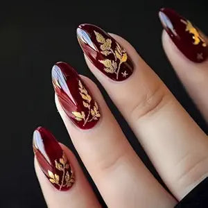 Short Almond Press on Nails Fall Fake Nails Sparkly False Nail with Gold Leaf Designs Autumn Wine Red Glossy Full Cover Acrylic Stick on Nail for Women Nail Art Decor 24 Pcs
