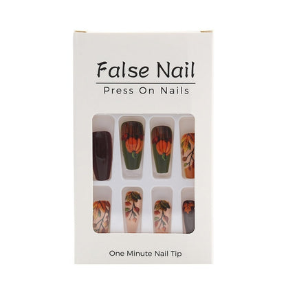 Short Almond Press on Nails Fall Fake Nails Sparkly False Nail with Gold Leaf Designs Autumn Wine Red Glossy Full Cover Acrylic Stick on Nail for Women Nail Art Decor 24 Pcs