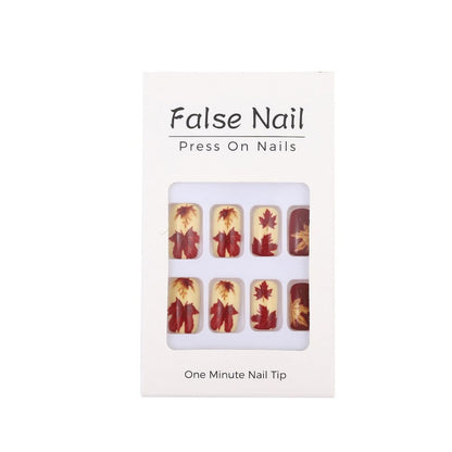 Short Almond Press on Nails Fall Fake Nails Sparkly False Nail with Gold Leaf Designs Autumn Wine Red Glossy Full Cover Acrylic Stick on Nail for Women Nail Art Decor 24 Pcs