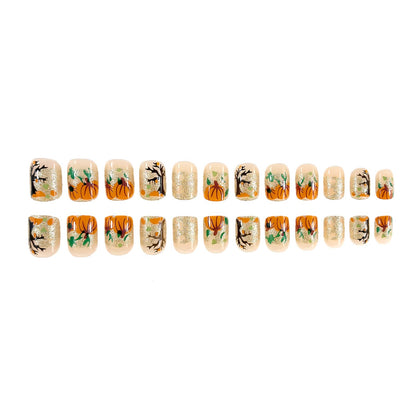 24Pcs Fall Press on Nails Short Square Fake Nails Wine Red and Gold Maple Leaf Glossy Gold Sparkly Acrylic Nails Full Cover Stick on Nails Autumn Thanksgiving Nail Decoration for Nail Art Supplies