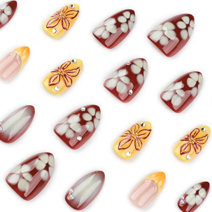 Short Almond Press on Nails Fall Fake Nails Sparkly False Nail with Gold Leaf Designs Autumn Wine Red Glossy Full Cover Acrylic Stick on Nail for Women Nail Art Decor 24 Pcs