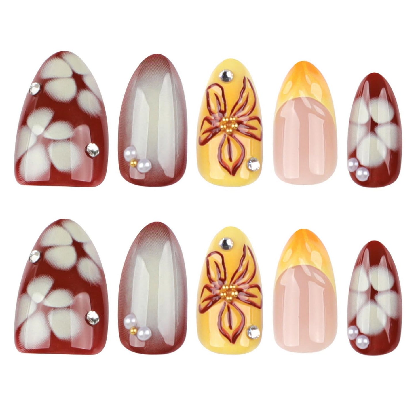 Short Almond Press on Nails Fall Fake Nails Sparkly False Nail with Gold Leaf Designs Autumn Wine Red Glossy Full Cover Acrylic Stick on Nail for Women Nail Art Decor 24 Pcs