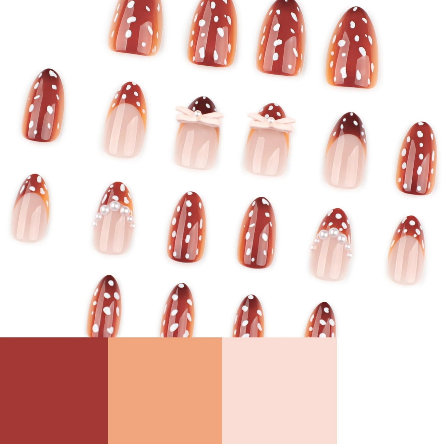 Short Almond Press on Nails Fall Fake Nails Sparkly False Nail with Gold Leaf Designs Autumn Wine Red Glossy Full Cover Acrylic Stick on Nail for Women Nail Art Decor 24 Pcs