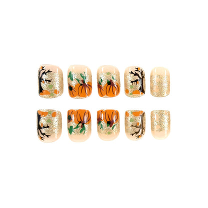 24Pcs Fall Press on Nails Short Square Fake Nails Wine Red and Gold Maple Leaf Glossy Gold Sparkly Acrylic Nails Full Cover Stick on Nails Autumn Thanksgiving Nail Decoration for Nail Art Supplies