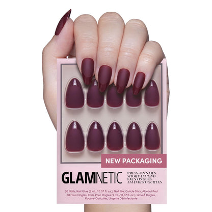 Glamnetic Press On Nails - Berry Maroon | Opaque Dark Red Maroon Short Round Fake Nails, Salon Quality | 12 Sizes - 30 Nail Kit