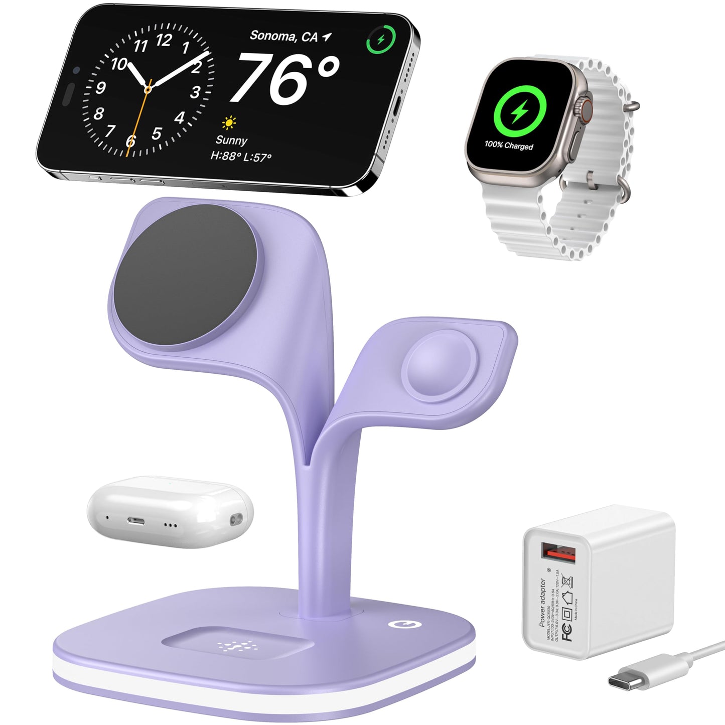 EXW Wireless Charging Station for Magsafe Charger,Charging Station for Multiple Devices,Wireless Charger for iPhone 16/15/14/13/12 Series,Apple Watch Series 1-9,AirPods with LED and Adapter (Black)